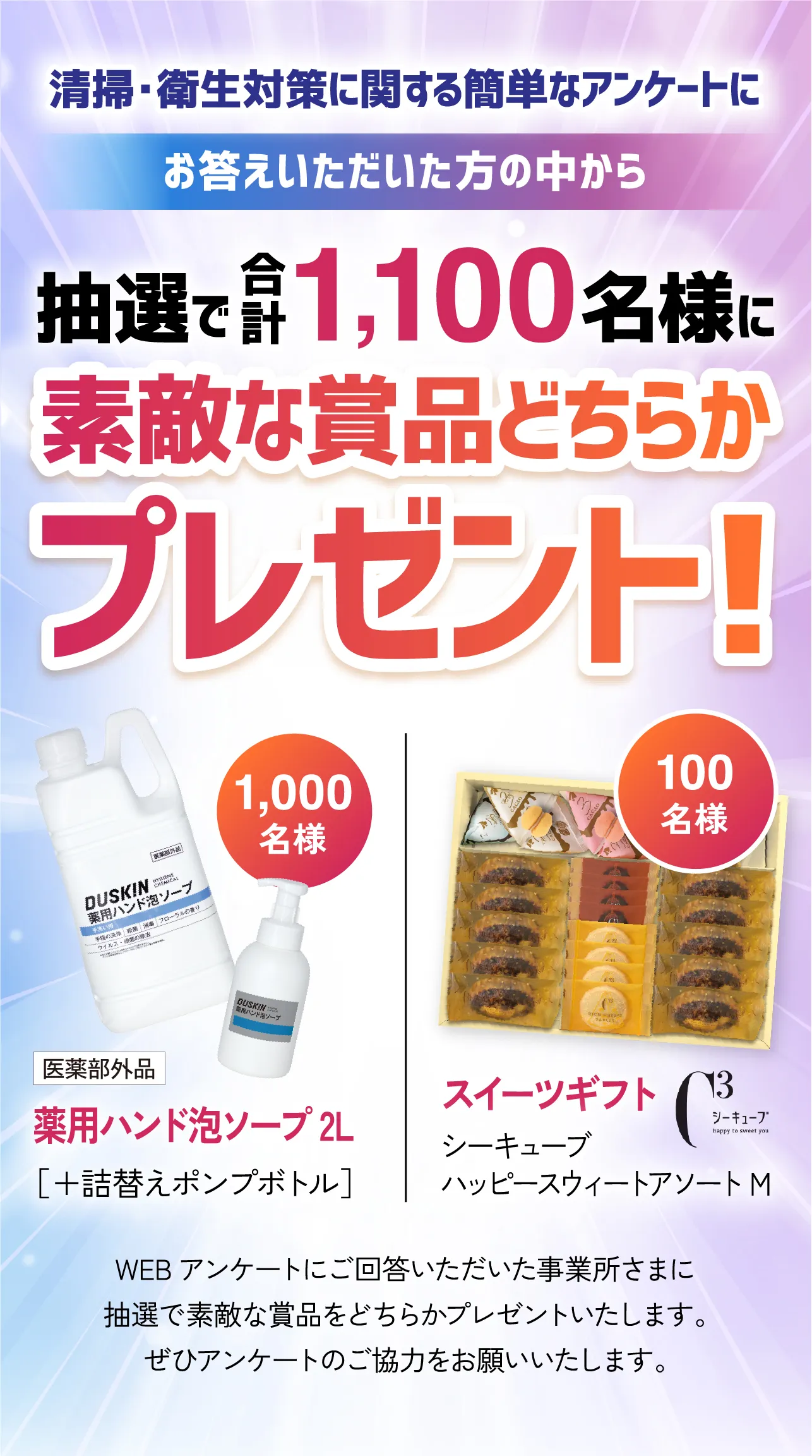 清掃・衛生対策に関する簡単なアンケートにお答えいただいた方の中から抽選で1,100名様に素敵な商品どちらかプレゼント！ WEBアンケートにご回答いただいた事業所さまに、抽選で素敵な商品をどちらかプレゼントいたします。このアンケートのご協力お願いいたします。